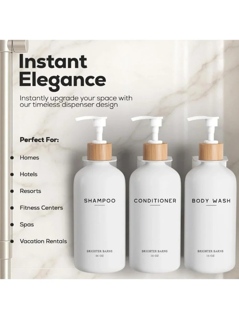 Wall-Mounted White Shampoo & Conditioner Dispenser Set - No Drill, Refillable 3